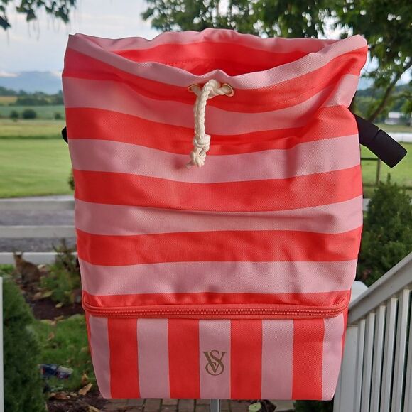 Victoria's Secret Pink Coral Stripe ULTIMATE BEACH BAG Backpack & Cooler 2n1 NEW - Picture 8 of 16